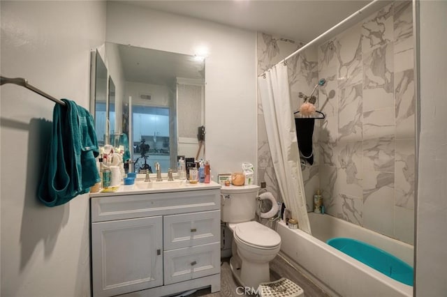 bathroom featuring vanity, shower / tub combo with curtain, visible vents, and toilet