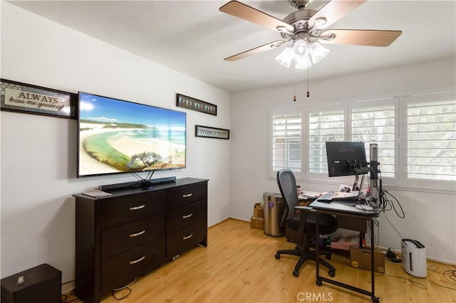office space featuring ceiling fan and light wood-type flooring