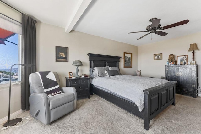 4331 Summit Dr, La Mesa, CA 91941 - bedroom with light colored carpet, multiple windows, beam ceiling, baseboards, and a ceiling fan