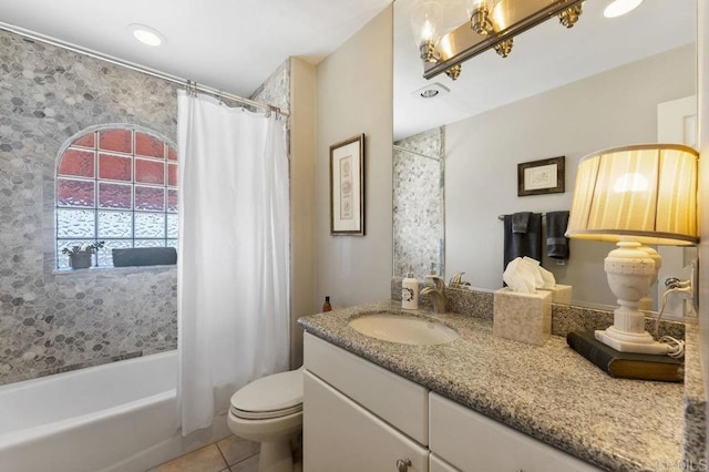 4331 Summit Dr, La Mesa, CA 91941 - bathroom with vanity, toilet, tile patterned floors, and shower / tub combo with curtain
