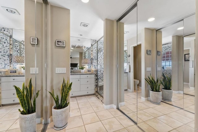 4331 Summit Dr, La Mesa, CA 91941 - full bathroom with vanity, tile patterned floors, a shower stall, and toilet
