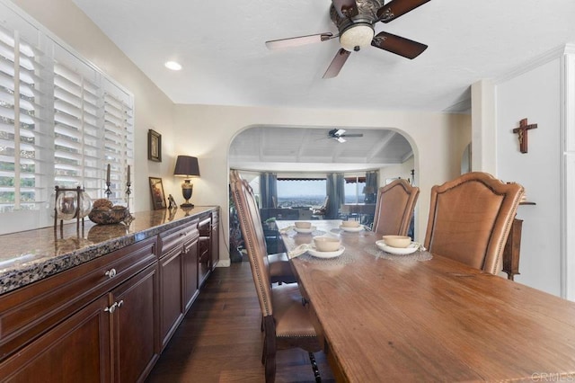 4331 Summit Dr, La Mesa, CA 91941 - dining area featuring arched walkways, ceiling fan, dark wood-type flooring, and recessed lighting
