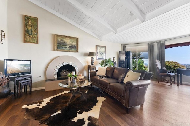4331 Summit Dr, La Mesa, CA 91941 - living area featuring a fireplace, wood finished floors, baseboards, and wooden ceiling