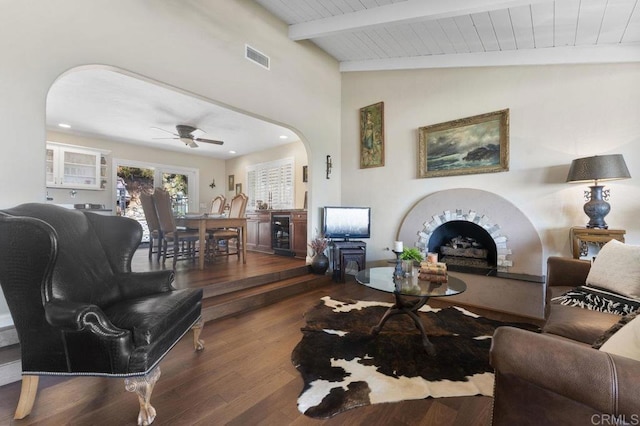 4331 Summit Dr, La Mesa, CA 91941 - living room featuring arched walkways, wood finished floors, a ceiling fan, beverage cooler, and recessed lighting