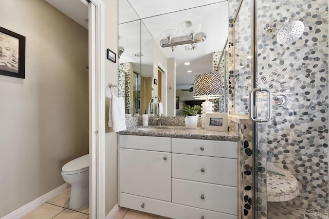 4331 Summit Dr, La Mesa, CA 91941 - bathroom with a stall shower, tile patterned flooring, vanity, toilet, and baseboards
