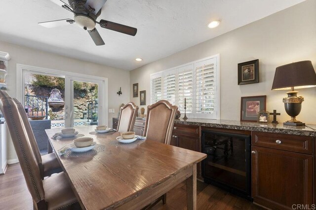 4331 Summit Dr, La Mesa, CA 91941 - dining area featuring beverage cooler, dark wood-style flooring, ceiling fan, and recessed lighting
