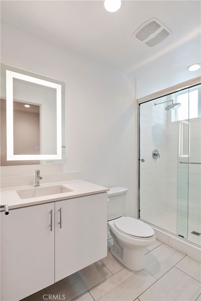 bathroom with tile patterned flooring, vanity, toilet, a shower stall, and visible vents