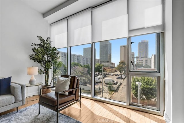 3223 W 6th St Unit 312, Los Angeles, CA 90020 - doorway to outside with a view of city, a healthy amount of sunlight, and hardwood / wood-style floors