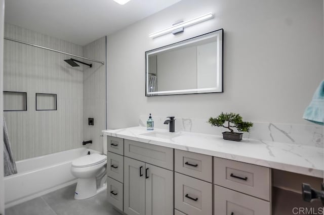 bathroom with toilet, shower / bathtub combination with curtain, tile patterned flooring, and vanity