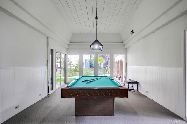 rec room featuring carpet flooring, wainscoting, pool table, wooden ceiling, and visible vents