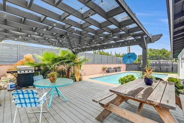 8394 Blue Lake Dr, San Diego, CA 92119 - view of swimming pool with a fenced in pool, a wooden deck, a pergola, and a grill