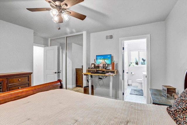 8394 Blue Lake Dr, San Diego, CA 92119 - bedroom featuring ceiling fan, visible vents, baseboards, a closet, and ensuite bath