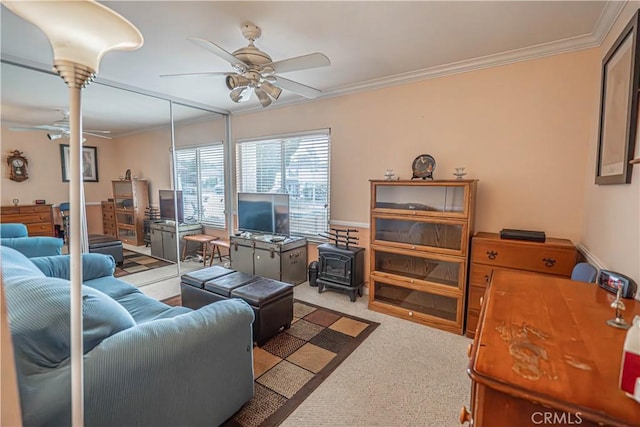 2650 Belburn Pl, Simi Valley, CA 93065 - carpeted living area featuring ceiling fan, a wood stove, and ornamental molding