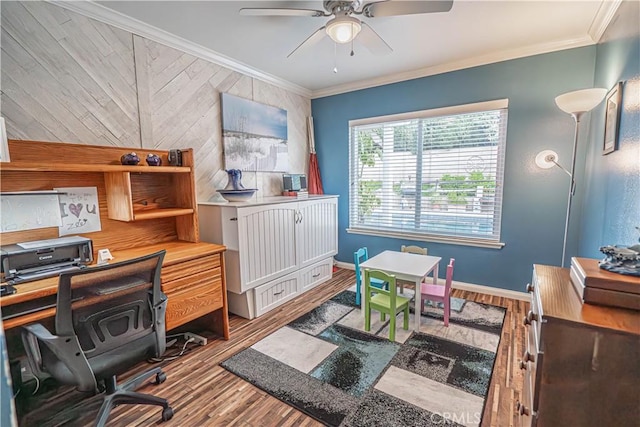 2650 Belburn Pl, Simi Valley, CA 93065 - office space featuring a ceiling fan, wood finished floors, crown molding, baseboards, and wood walls