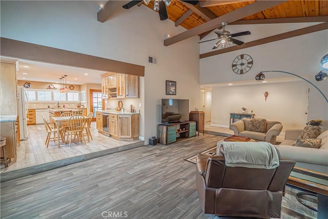 2650 Belburn Pl, Simi Valley, CA 93065 - living area with a ceiling fan, beamed ceiling, high vaulted ceiling, light wood-style floors, and wood ceiling