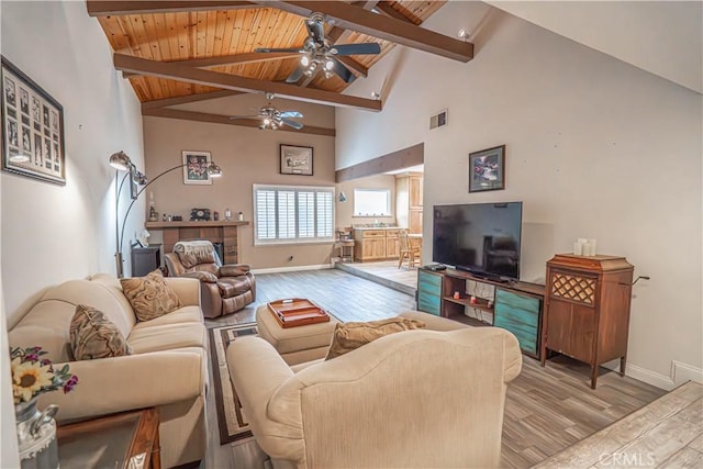2650 Belburn Pl, Simi Valley, CA 93065 - living area with wood finished floors, a ceiling fan, high vaulted ceiling, baseboards, and beamed ceiling