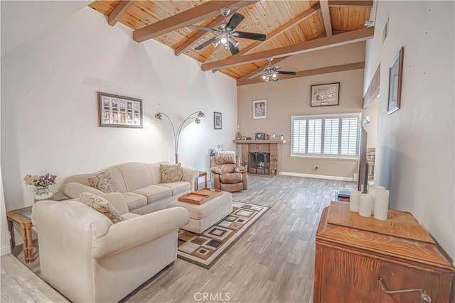 2650 Belburn Pl, Simi Valley, CA 93065 - living area featuring wood ceiling, a ceiling fan, beamed ceiling, high vaulted ceiling, and wood finished floors