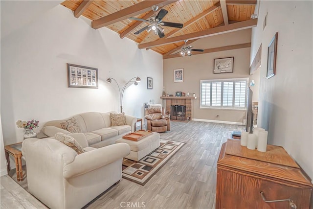 2650 Belburn Pl, Simi Valley, CA 93065 - living room with a wood ceiling with exposed beams, ceiling fan, high vaulted ceiling, wood finished floors, and a tile fireplace