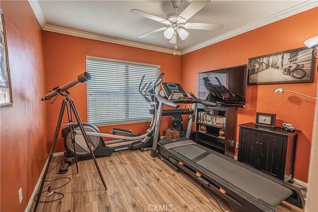 2650 Belburn Pl, Simi Valley, CA 93065 - exercise area with wood finished floors, a ceiling fan, baseboards, and crown molding