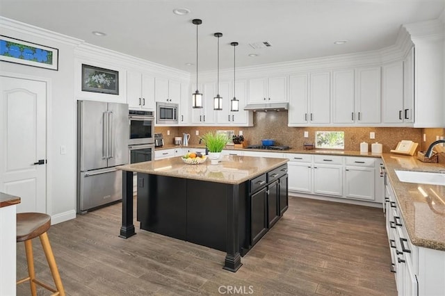 kitchen featuring dark wood finished floors, a sink, under cabinet range hood, stainless steel appliances, and white cabinetry