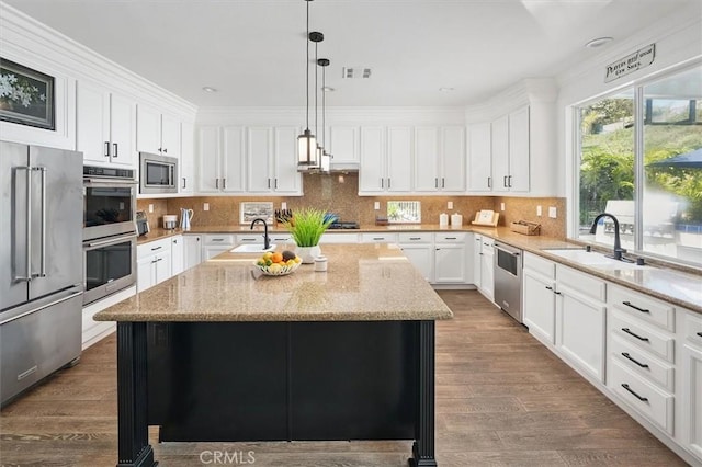 kitchen with a kitchen island with sink, stainless steel appliances, plenty of natural light, and a sink