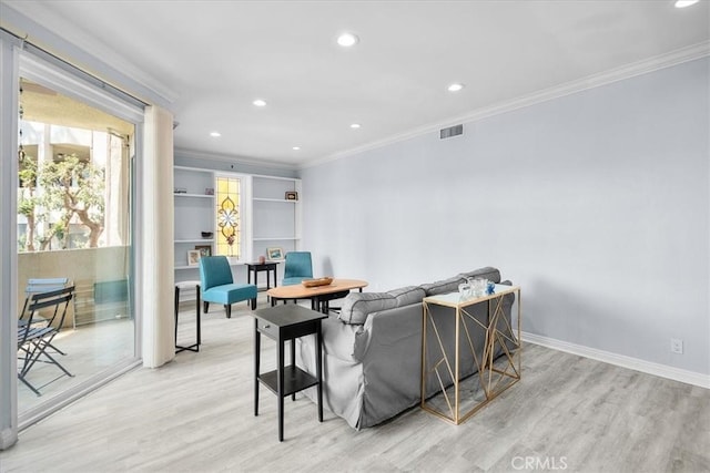 5216 Yarmouth Ave Unit 106, Encino, CA 91316 - living area featuring crown molding, recessed lighting, light wood-type flooring, and visible vents