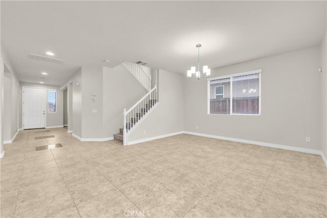 9058 Chimney Rock Ave, Hesperia, CA 92344 - unfurnished room with recessed lighting, visible vents, light tile patterned flooring, a chandelier, and stairway