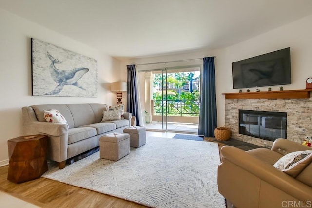 living room featuring a fireplace and wood finished floors