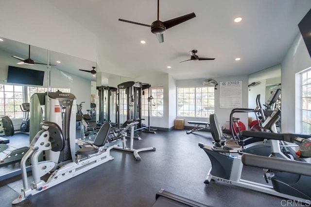 gym with recessed lighting, ceiling fan, and plenty of natural light