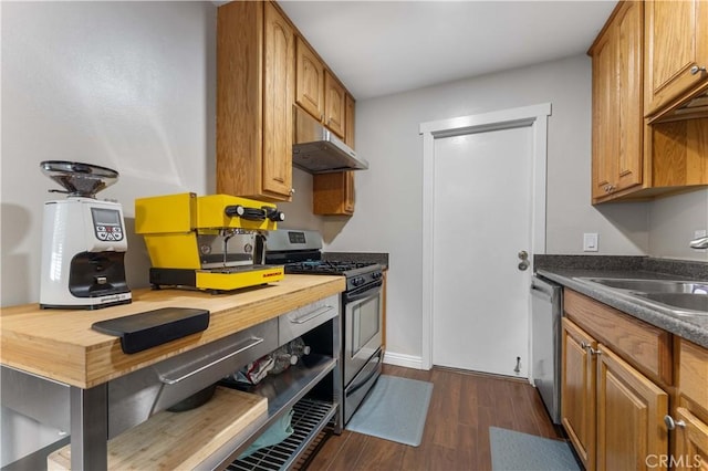 kitchen featuring brown cabinetry, under cabinet range hood, a sink, dark wood finished floors, and stainless steel appliances