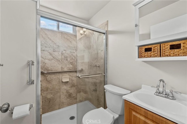 bathroom with vanity, toilet, and a shower stall