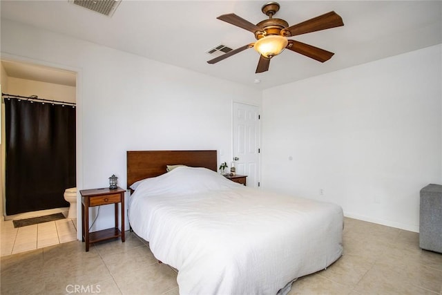 bedroom with light tile patterned floors, baseboards, a ceiling fan, and visible vents