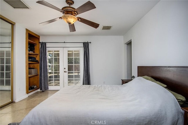 5750 Hall Ln Unit 29, Palms, CA 92277 - bedroom featuring french doors, tile patterned flooring, access to outside, and ceiling fan