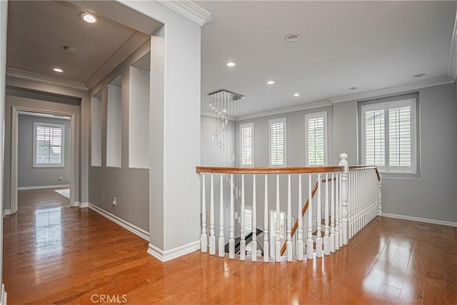 hallway featuring plenty of natural light, ornamental molding, and wood finished floors