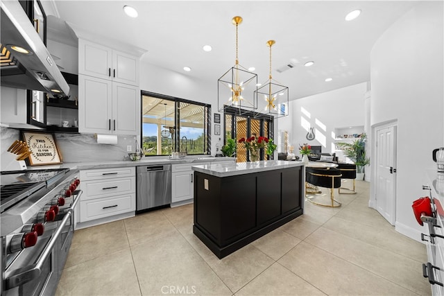 5 Westchester Ct, Coto De Caza, CA 92679 - kitchen featuring stainless steel appliances, extractor fan, a chandelier, a kitchen island, and recessed lighting