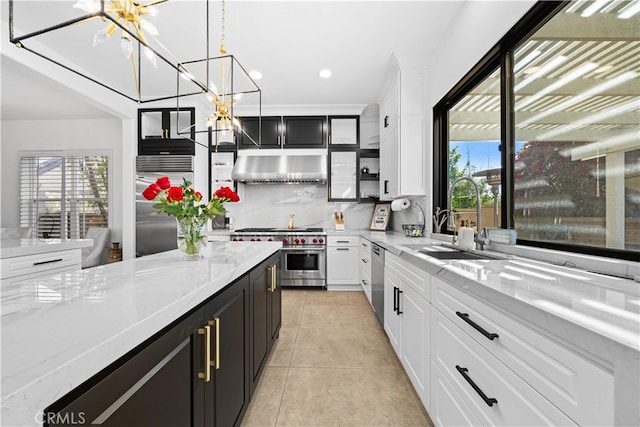 5 Westchester Ct, Coto De Caza, CA 92679 - kitchen featuring high end appliances, a sink, under cabinet range hood, dark cabinetry, and white cabinets