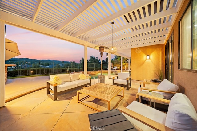 5 Westchester Ct, Coto De Caza, CA 92679 - patio terrace at dusk with an outdoor living space, fence, and a pergola