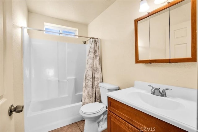 full bathroom featuring vanity, tile patterned flooring, shower / bath combo, and toilet