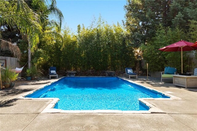view of swimming pool with a patio and a fenced in pool