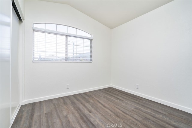 empty room featuring a healthy amount of sunlight, lofted ceiling, and dark wood-type flooring