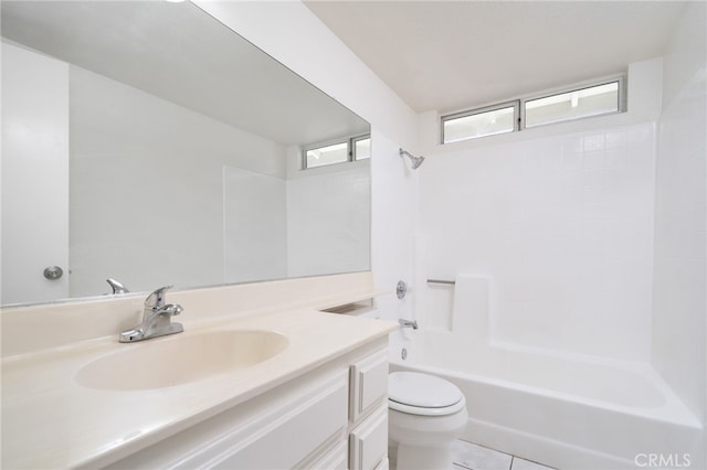 bathroom featuring toilet, shower / bath combination, tile patterned flooring, and vanity