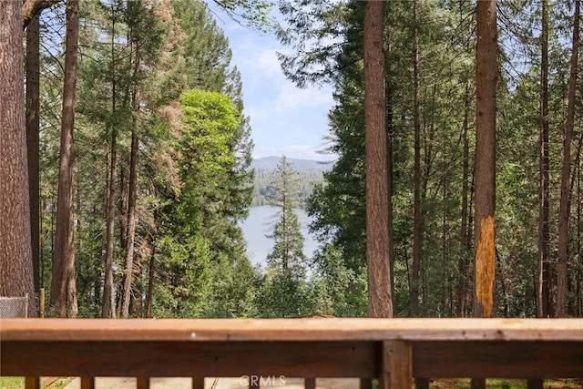 view of water feature featuring a forest view