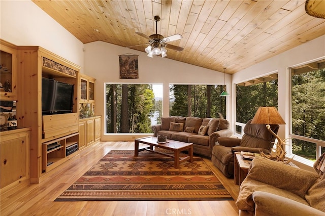 living area with a ceiling fan, lofted ceiling, a wealth of natural light, and wooden ceiling