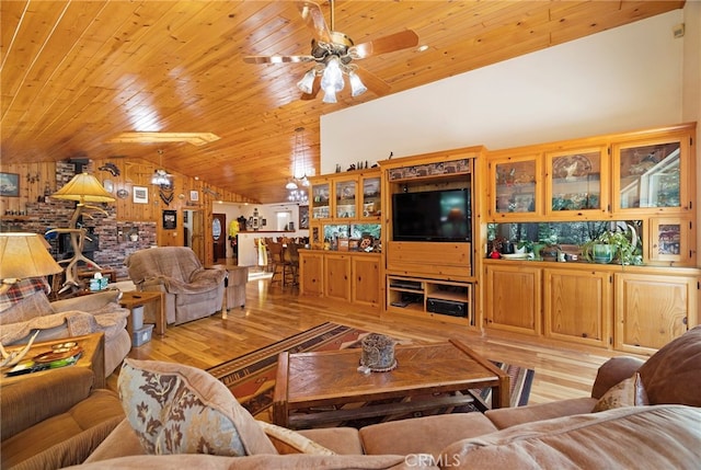 living area featuring ceiling fan, wood ceiling, lofted ceiling, and light wood-type flooring