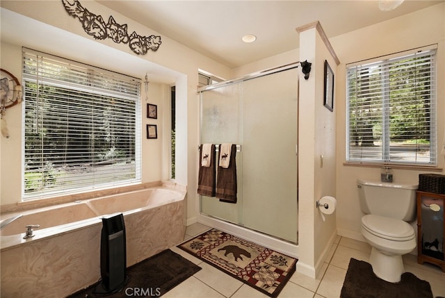 full bathroom with tile patterned flooring, a shower stall, toilet, and a wealth of natural light