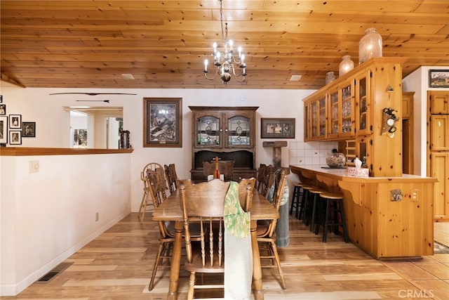 dining room with visible vents, wood ceiling, and a chandelier