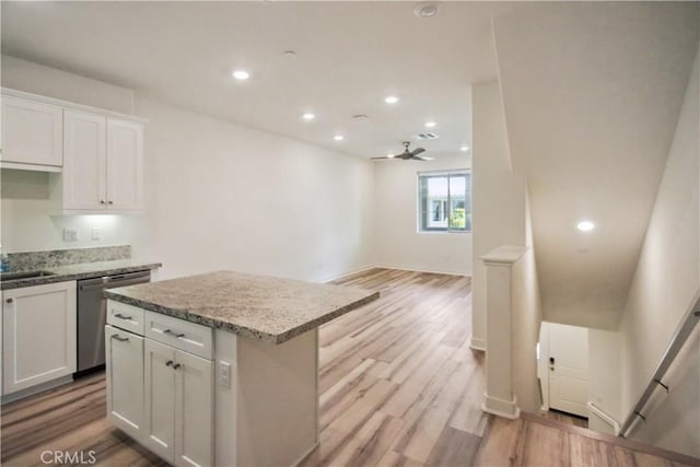 2624 Paisly Ct, Arcadia, CA 91007 - kitchen with dishwasher, a ceiling fan, white cabinetry, light wood-style flooring, and recessed lighting