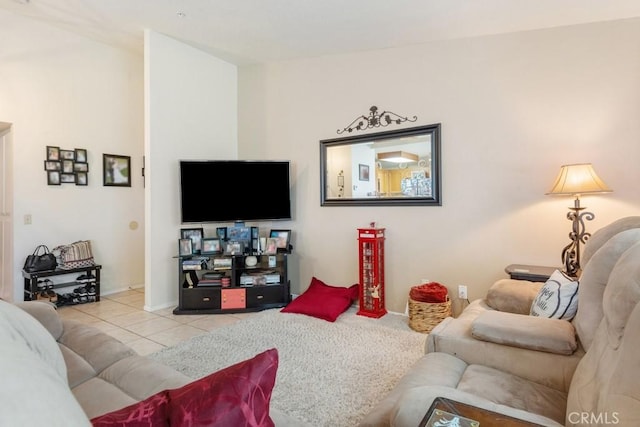 tiled living room featuring vaulted ceiling