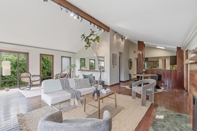 living area featuring rail lighting, plenty of natural light, and hardwood / wood-style floors