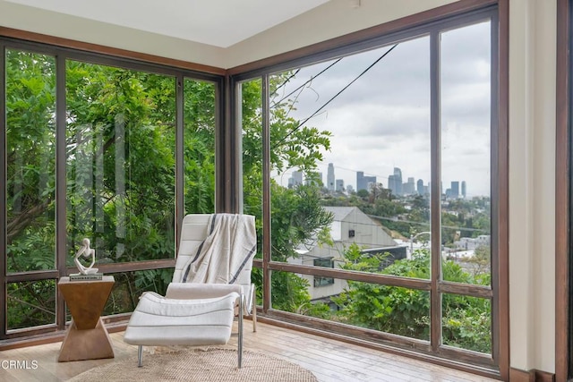 sunroom with a city view and hardwood / wood-style flooring